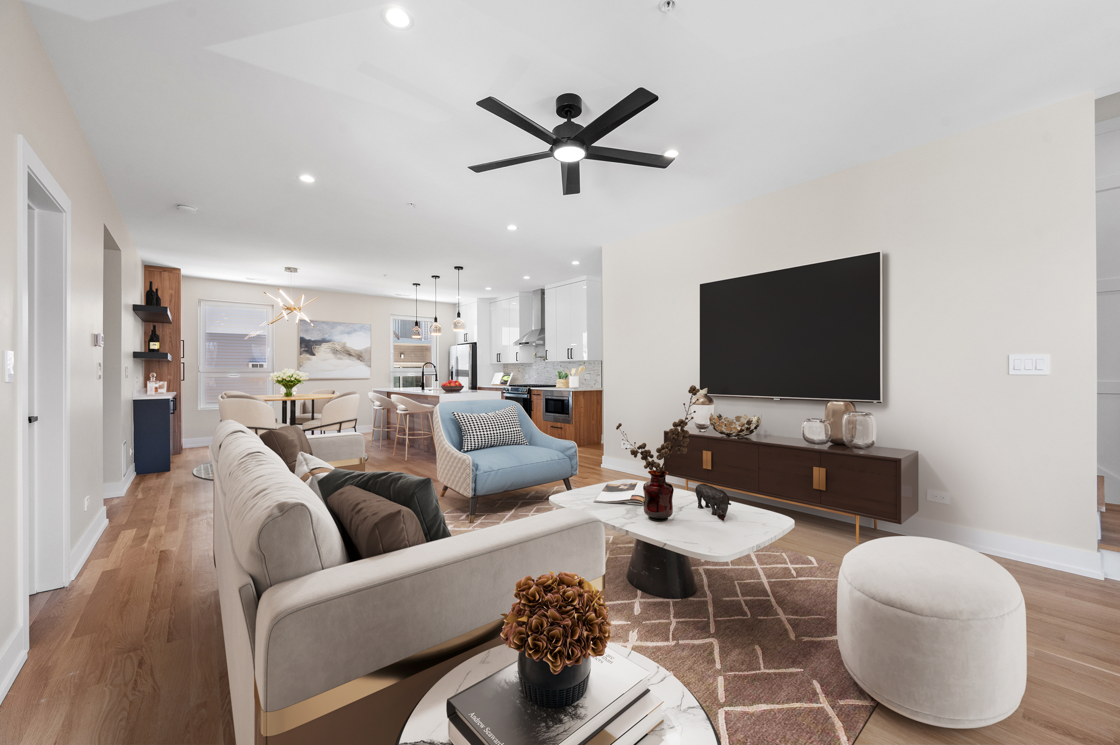 Bright living room photographed for real estate marketing