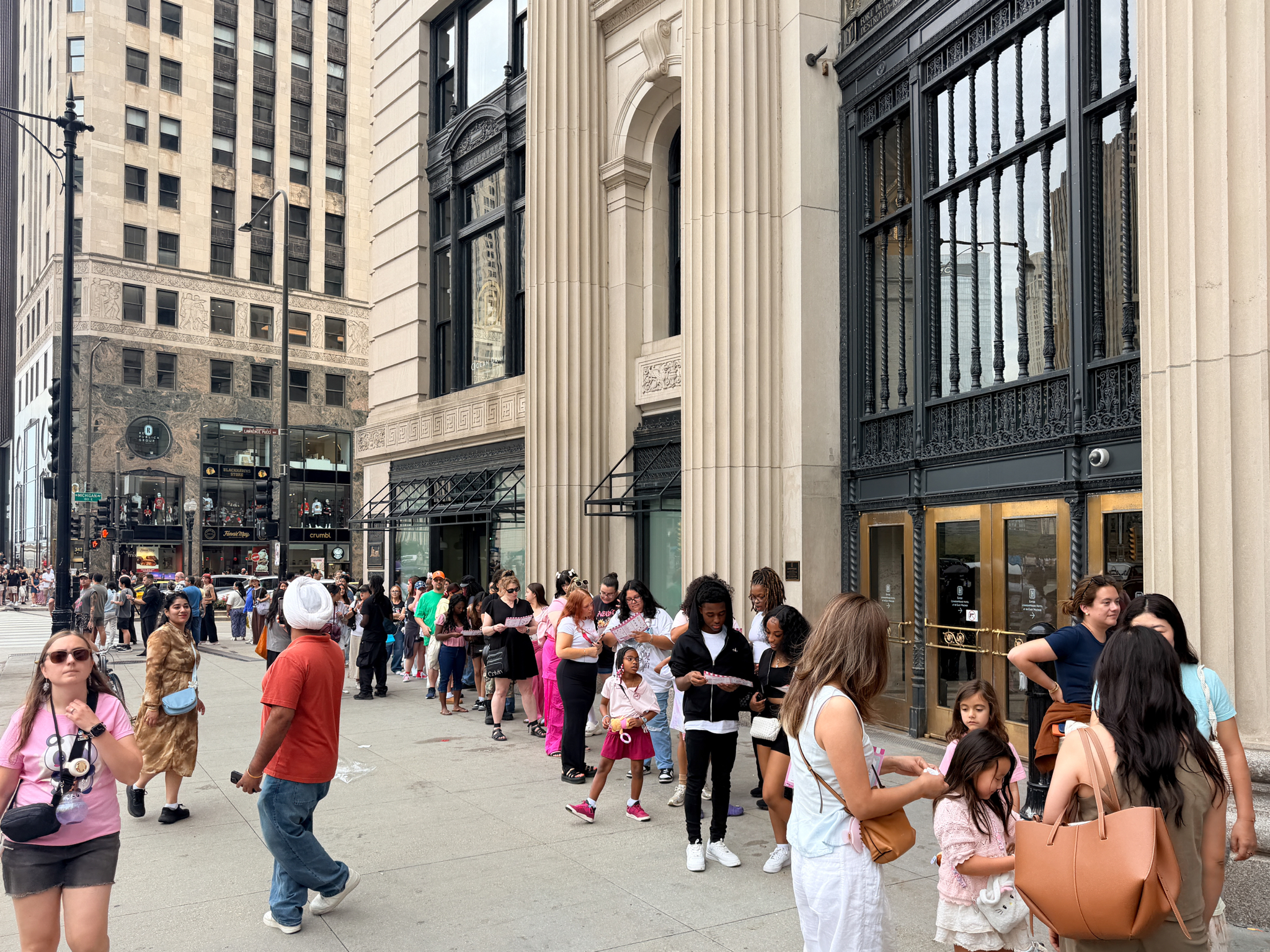 Visitors waiting outside Hello Kitty Cafe Chicago near Michigan Avenue