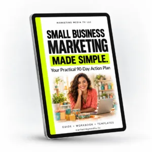 Small Business Marketing Made Simple ebook on a tablet, with a small-business owner in her colorful studio.